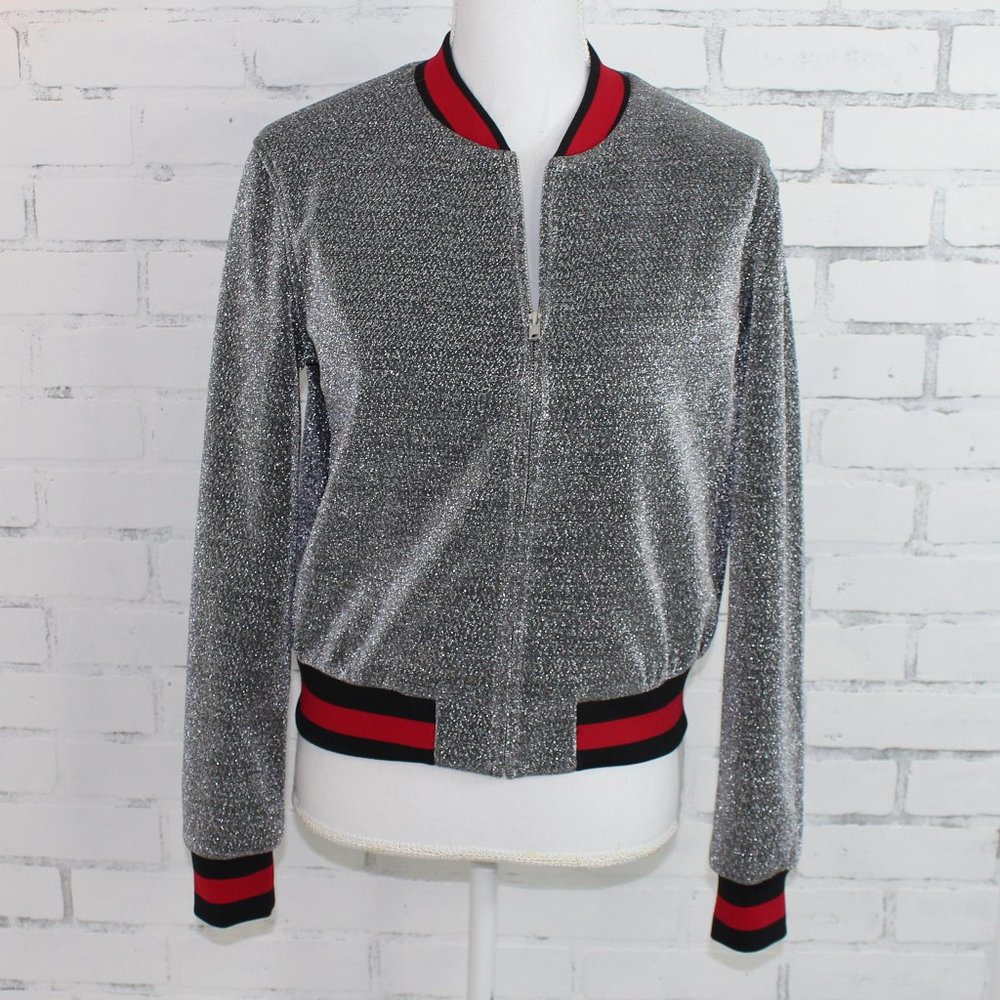 Forever 21 Silver Sparkle Jacket-Red & Black Trim